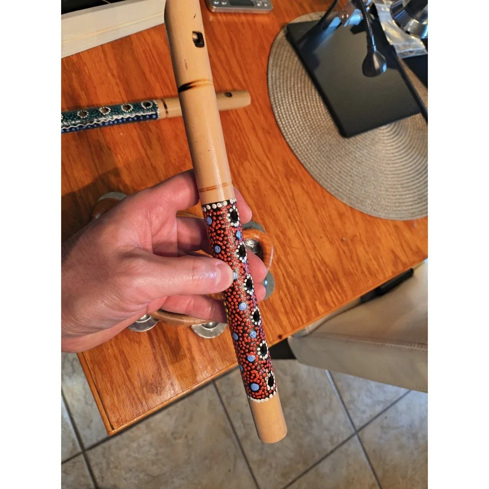 Handmade Teak Wood Tambourine And Two Wood Flutes Possibly Bamboo